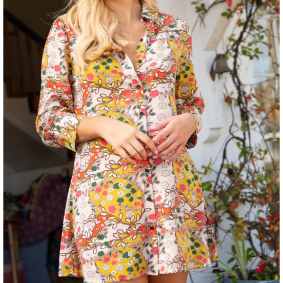 Natural Life Shirt Dress Floral Retro Womens Size Large Orange Cream - Picture 1 of 7